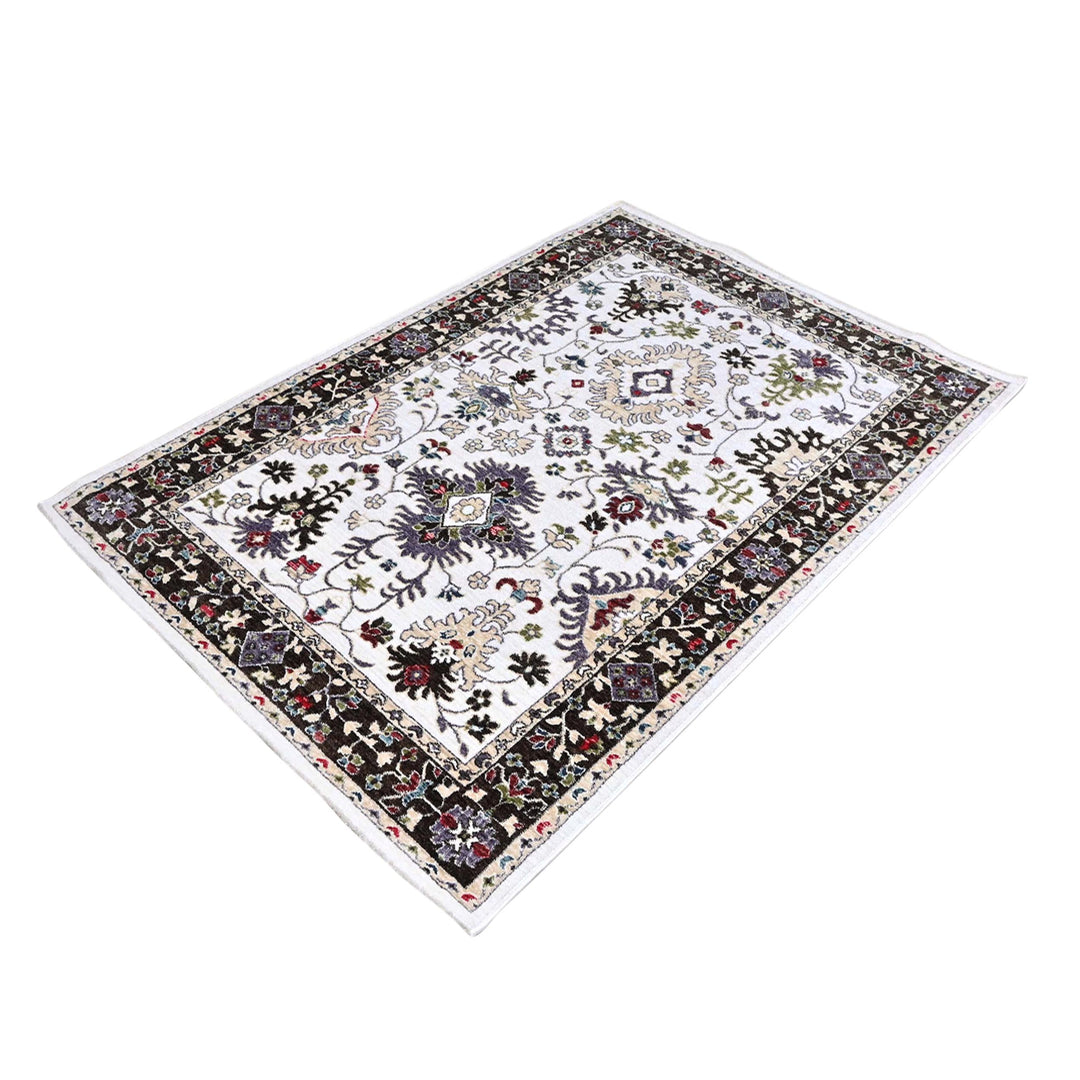 Off White & Green Floral Turkish Rug 4x6 Ft