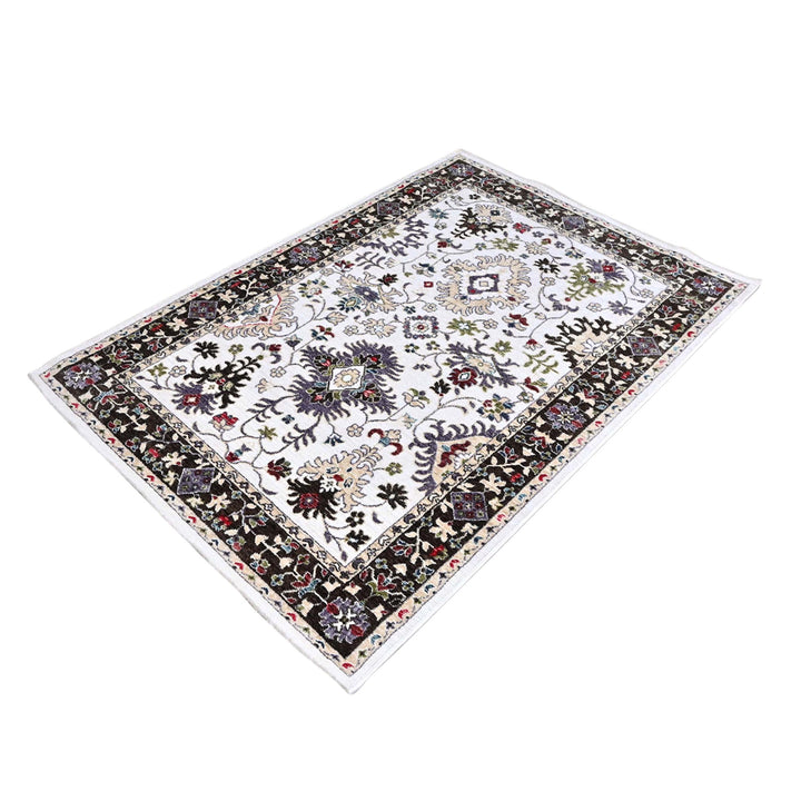 Off White & Green Floral Turkish Rug 4x6 Ft