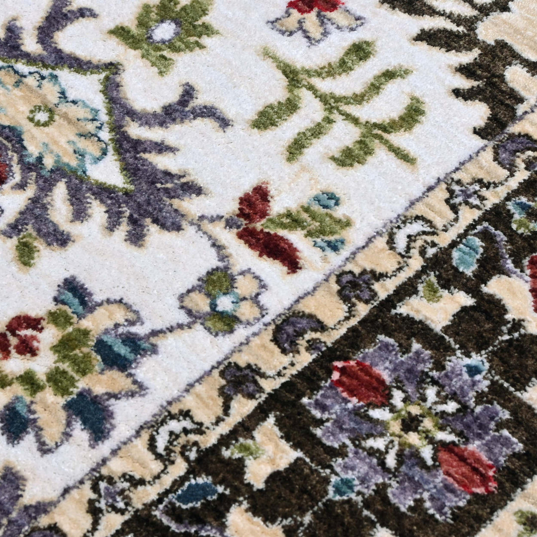 Off White & Green Floral Turkish Rug 4x6 Ft
