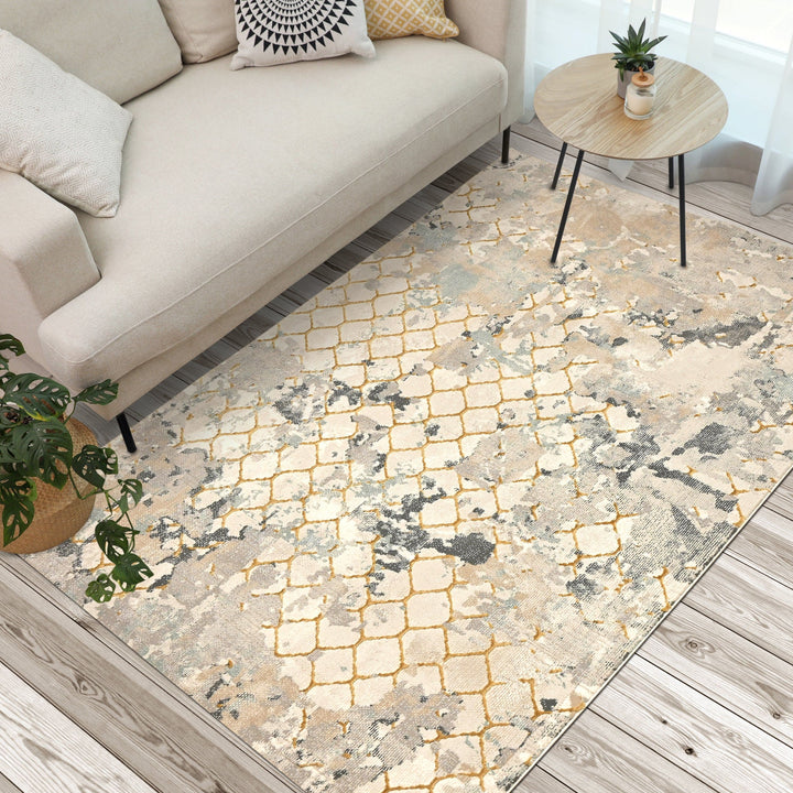 Off White Geometric Turkish Rug 5x8 ft