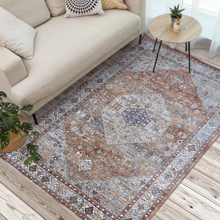 Off White & Rust Floral Turkish Rug 7x10 ft