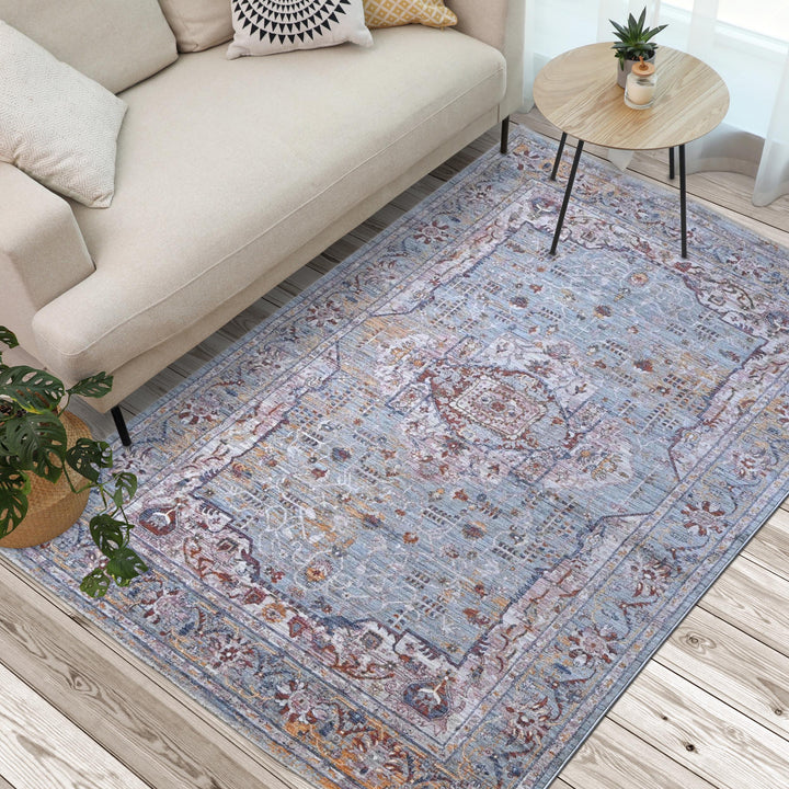 Grey Blue Floral Turkish Rug 7x10 ft