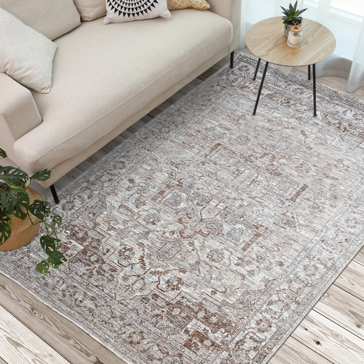 Grey & Beige Floral Turkish Rug 7x10 ft