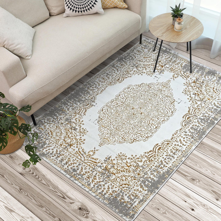 Grey Beige Medallion Turkish Rug 5X8 ft