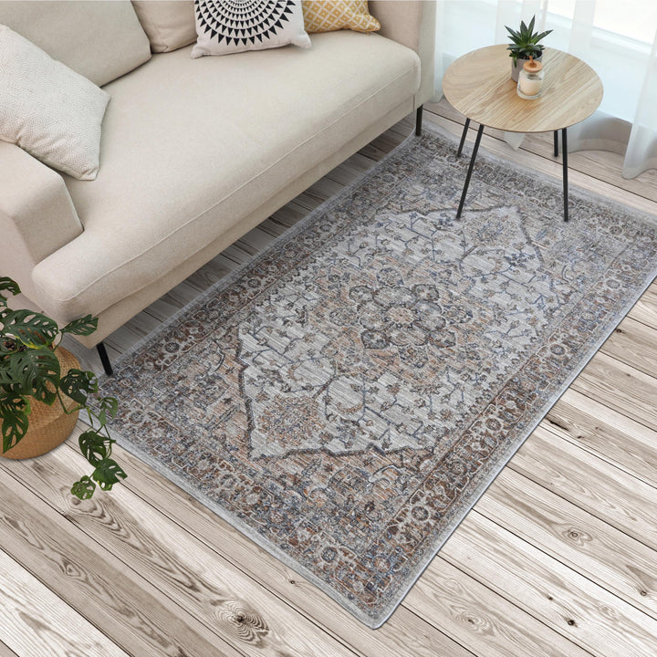 Grey & Beige Floral Turkish Rug 5X8 ft