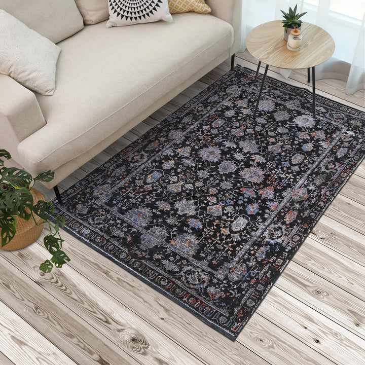 Black & Grey Floral Turkish Rug 5X8 ft