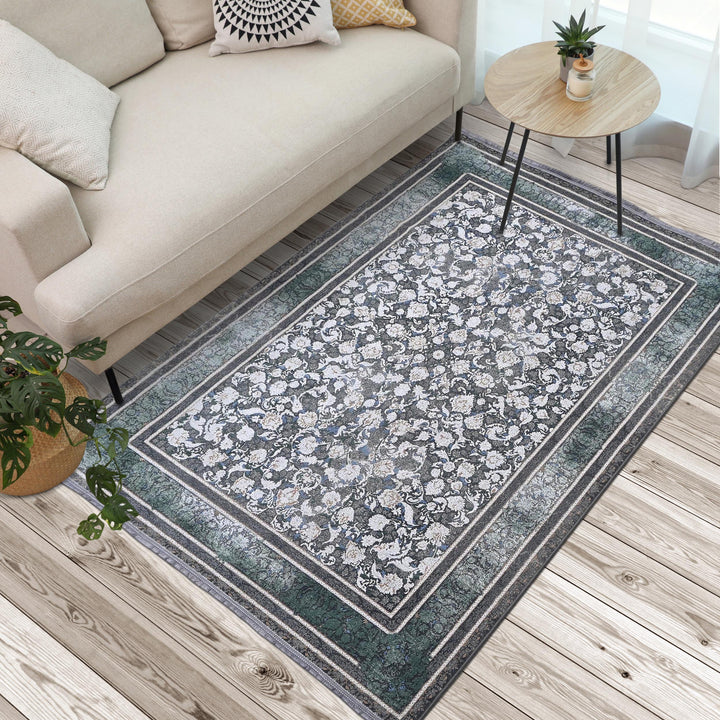 Green & Grey Floral Turkish Rug 5X8 ft