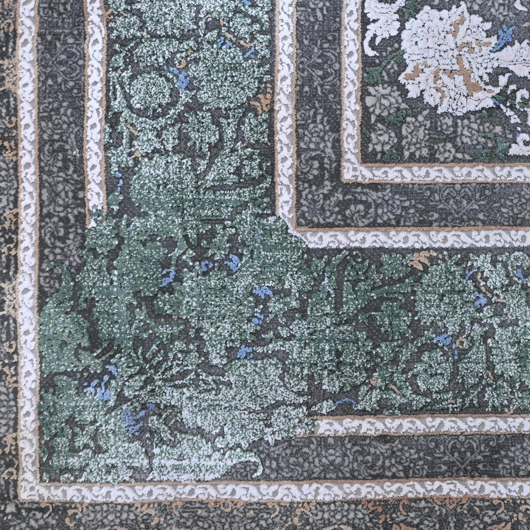 Green & Grey Floral Turkish Rug 5X8 ft