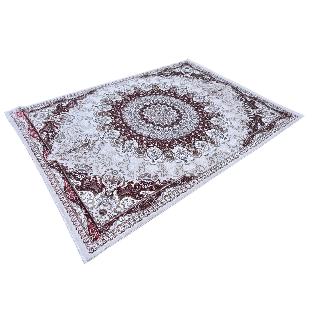 Cream & Burgundy Floral Turkish Rug 8X11 Ft -