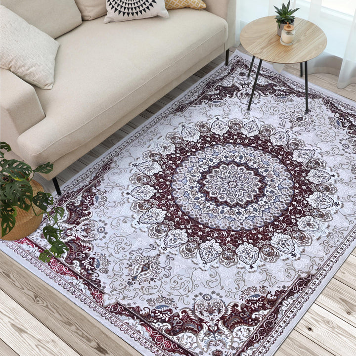 Cream & Burgundy Floral Turkish Rug 8X11 Ft -