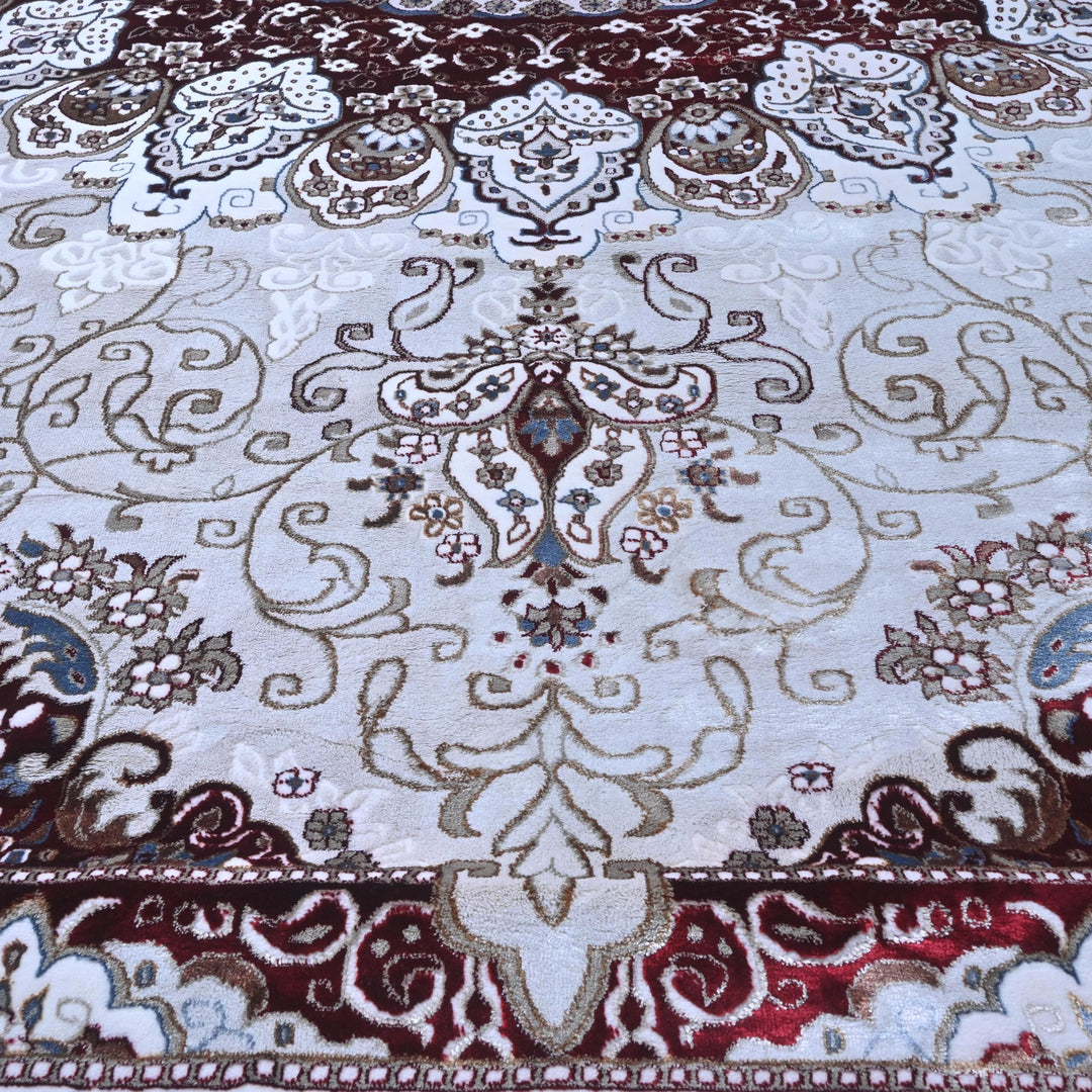 Cream & Burgundy Floral Turkish Rug 8X11 Ft -