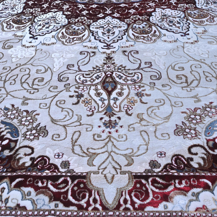 Cream & Burgundy Floral Turkish Rug 8X11 Ft -