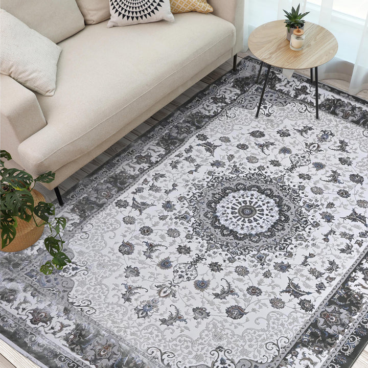 Grey & Cream Floral Turkish Rug 10X13 Ft