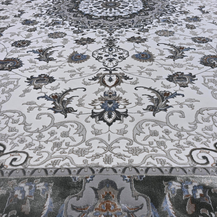 Grey & Cream Floral Turkish Rug 10X13 Ft