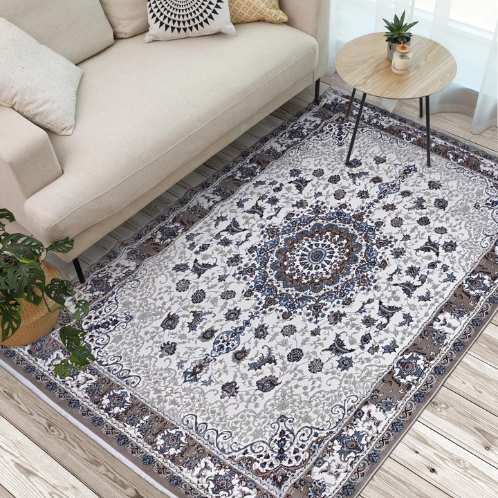 Grey & Cream Floral Turkish Rug 7x10 ft