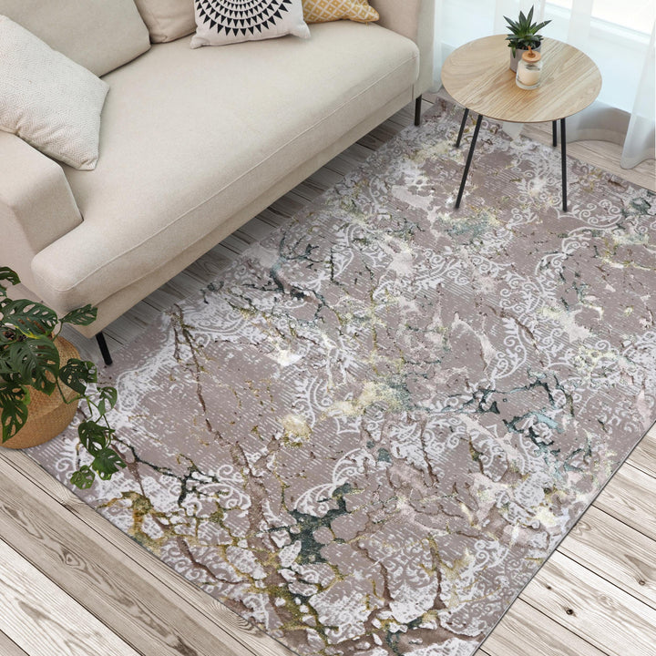 Grey & Beige Floral Turkish Rug 7x10 ft