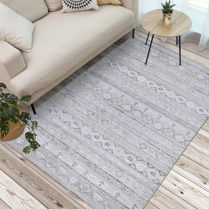 Cream & Grey Strips Turkish Rug 7x10 ft