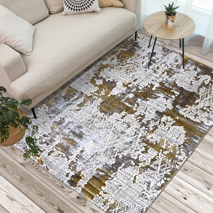 Cream & Olive Abstract Turkish Rug 7x10 ft