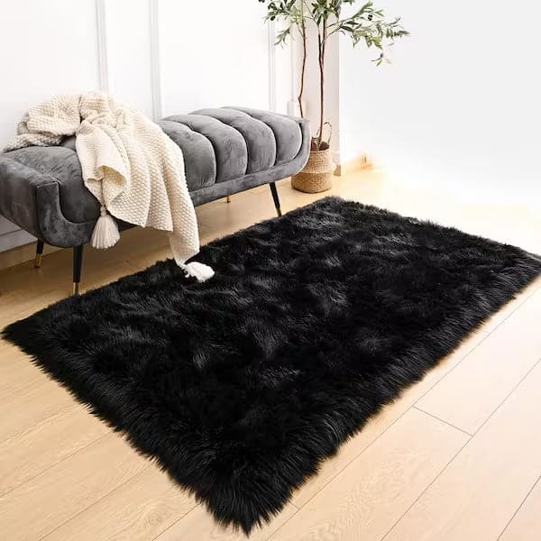 Black Fur Area Rug 4x6 ft