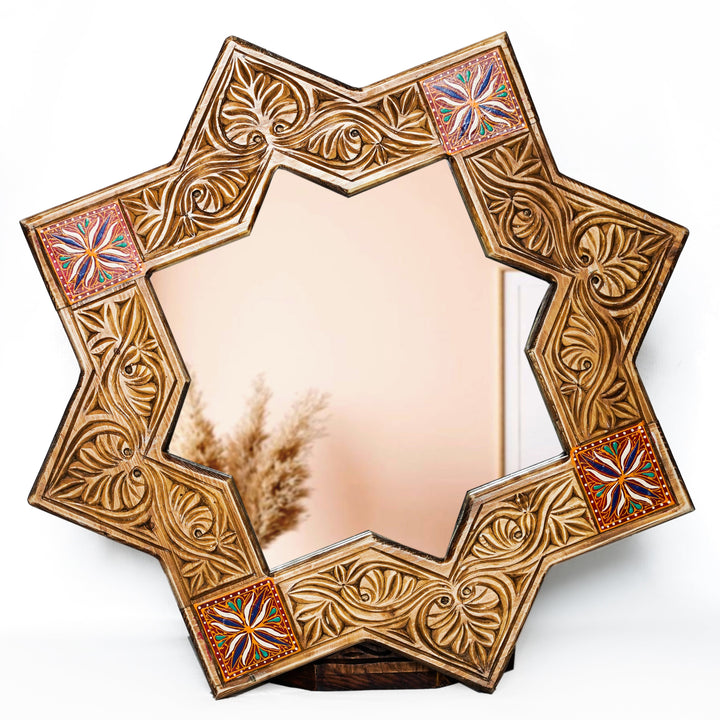 Hand Engraved Wood Mirror With Hand Painting