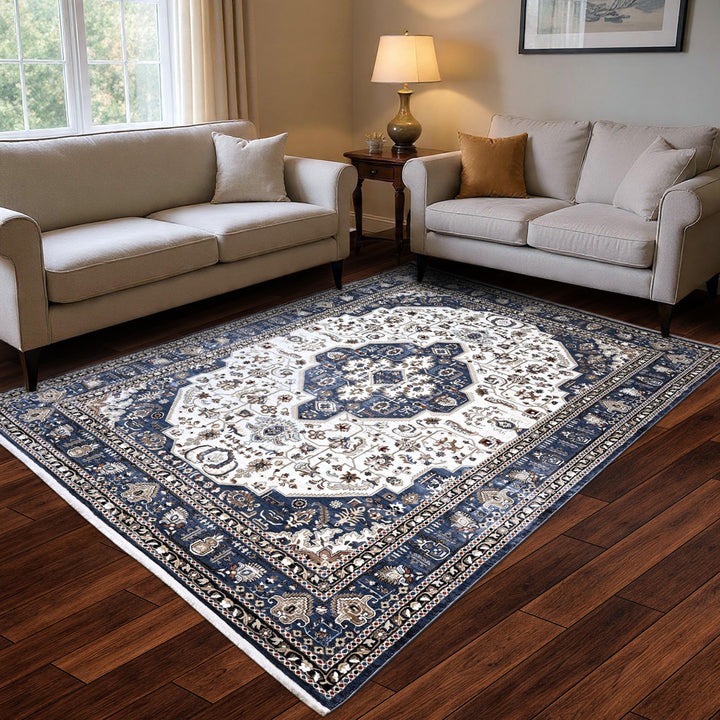 Blue & Off White Turkish Rug 8X11 Ft