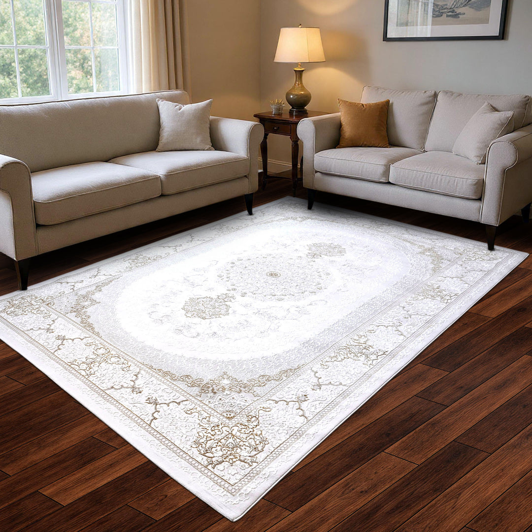 Off White Floring Turkish Rug 8X11 Ft