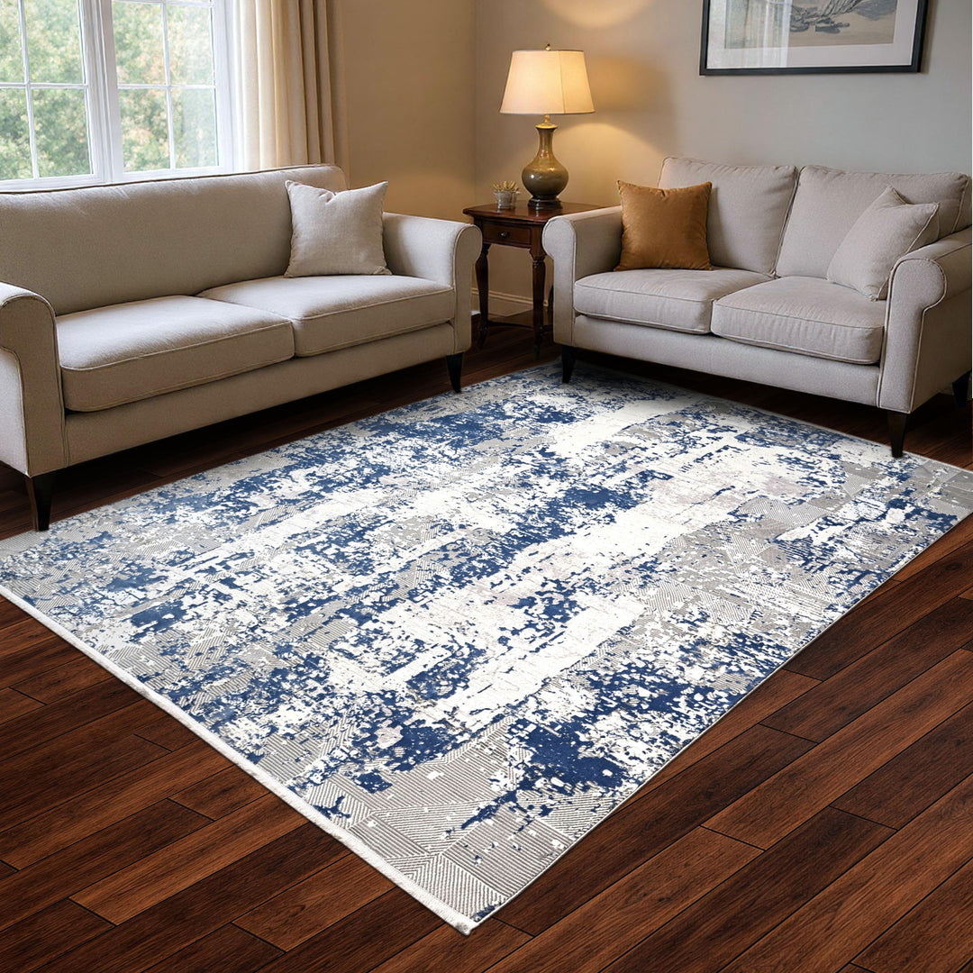 Off White & Blue Splash Turkish Rug 8X11 FT