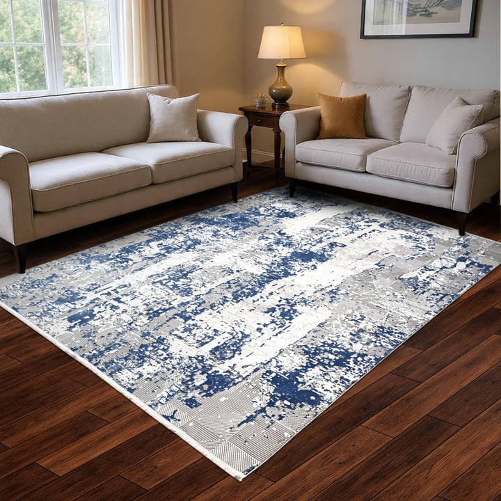 Off White & Blue Splash Turkish Rug 8X11 FT
