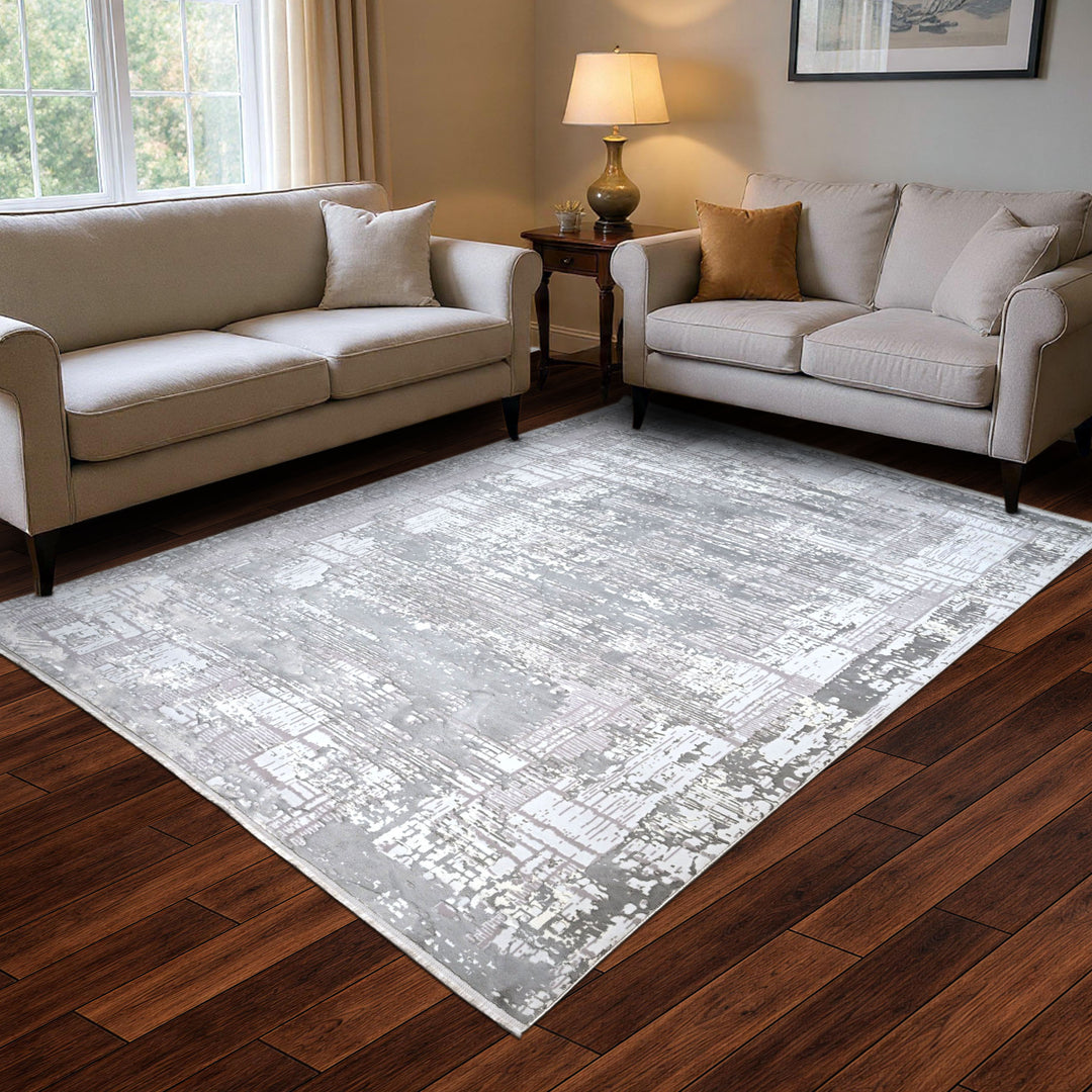 Silver & Grey Geometric Turkish Rug 8X11 FT