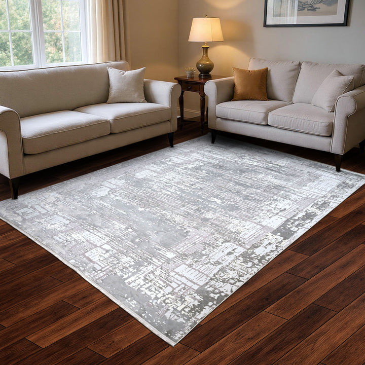 Silver & Grey Geometric Turkish Rug 8X11 FT