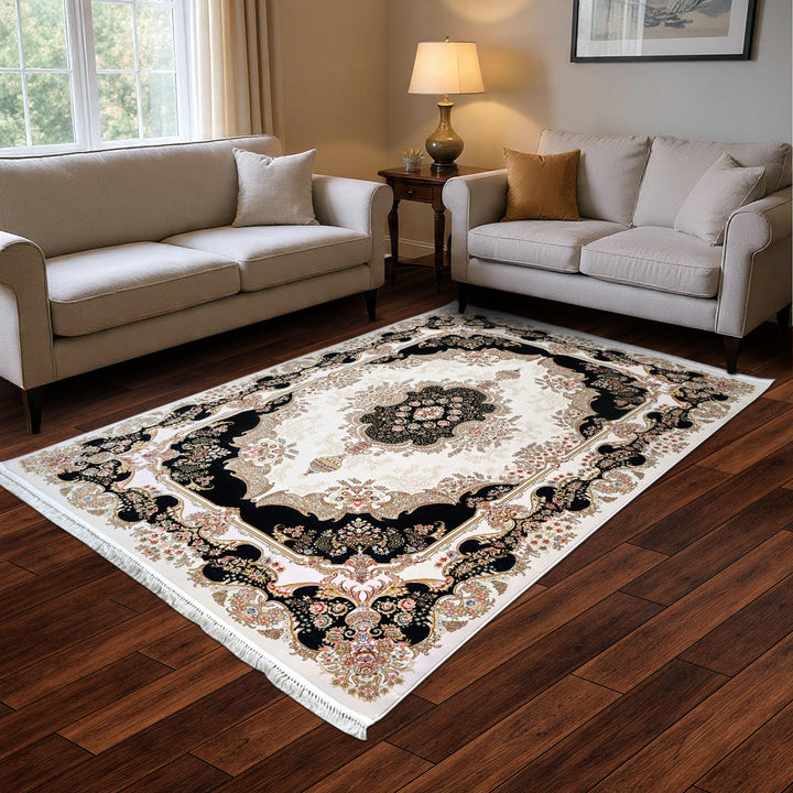 Beige & Black Floring Turkish Rug 7x10 FT