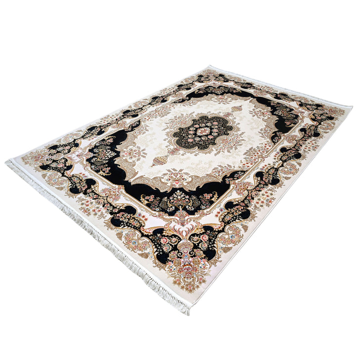 Beige & Black Floring Turkish Rug 7x10 FT