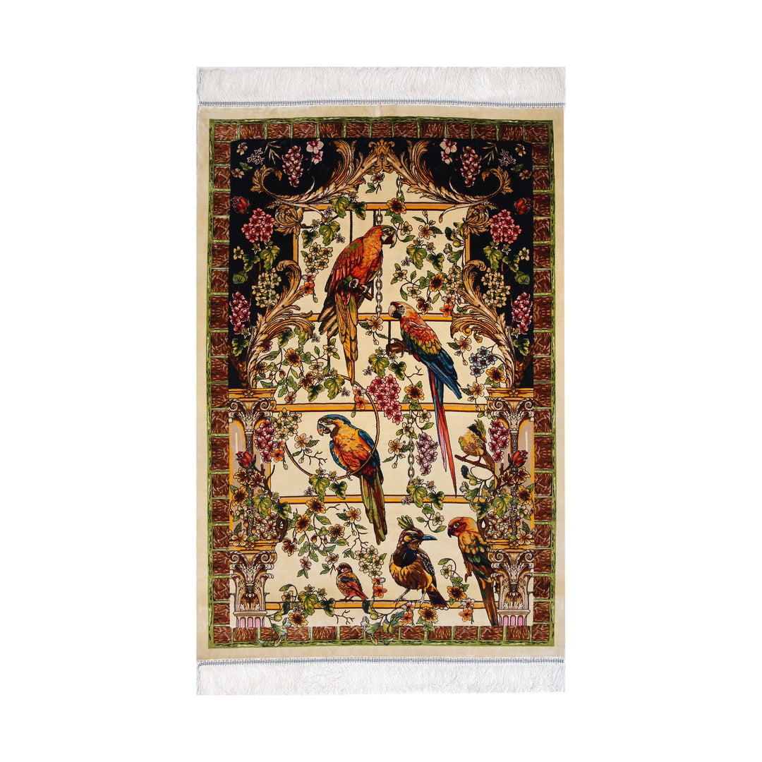 Pigeons of Love Supreme Fine Persian Silk Rug 2.5x4 Ft