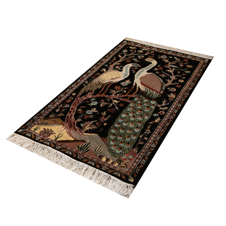 Harmony's Plumage: Peacocks in Love Silk Rug 3x5 Ft