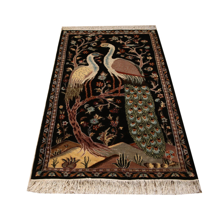 Harmony's Plumage: Peacocks in Love Silk Rug 3x5 Ft