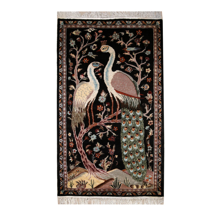 Harmony's Plumage: Peacocks in Love Silk Rug 3x5 Ft