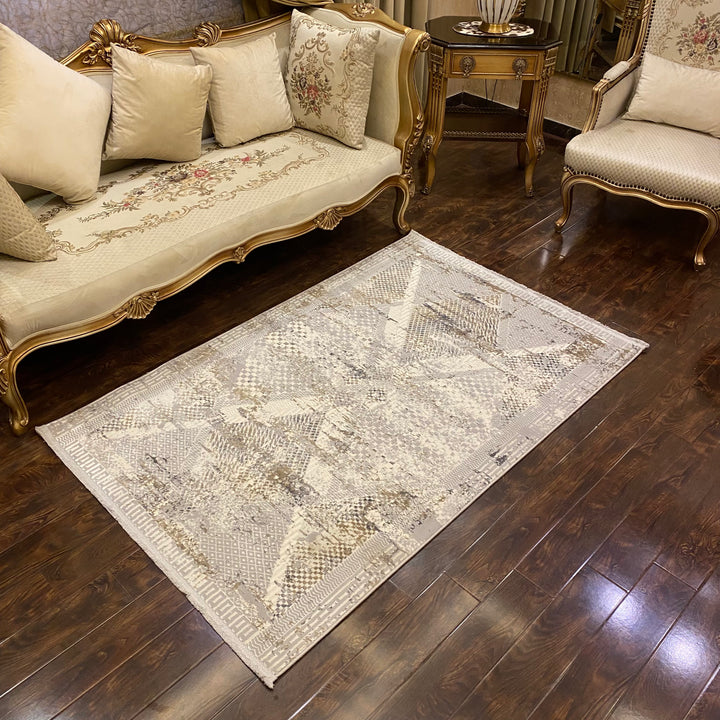 Off White Geometric Turkish Rug 4x6 Ft