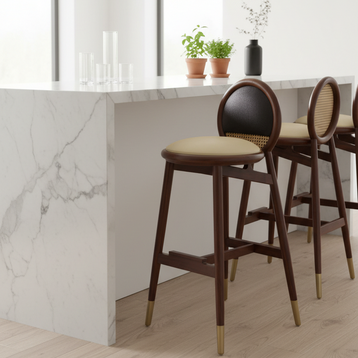 Cream Velvet Bar Stool with Sheshum Wood Frame Oval Rattan Back