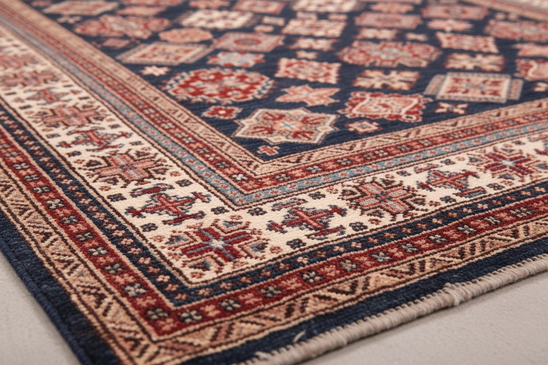 Beige Blue Super Kazak Rug 2607 Close-up 2