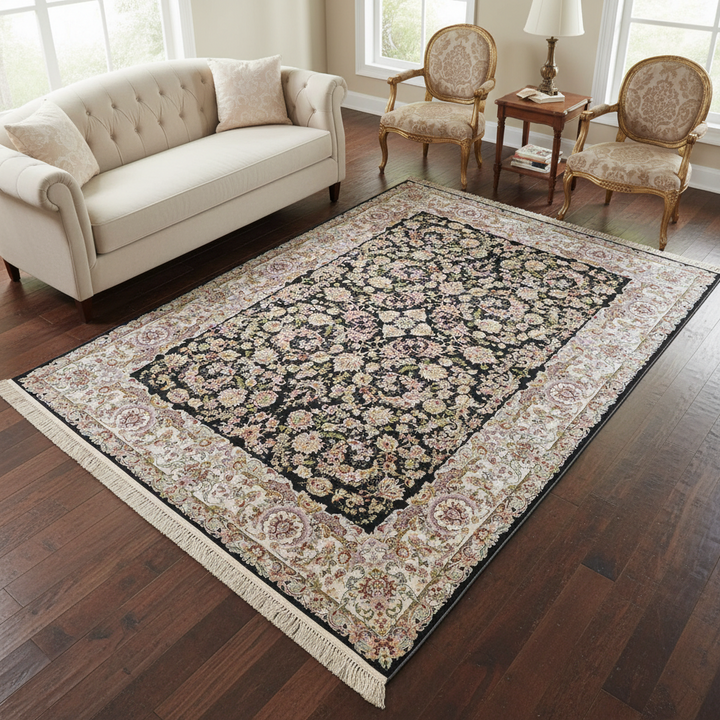 Black & Cream Floral Persian Rug 7x10 FT