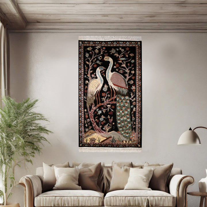 Harmony's Plumage: Peacocks in Love Silk Rug 3x5 Ft