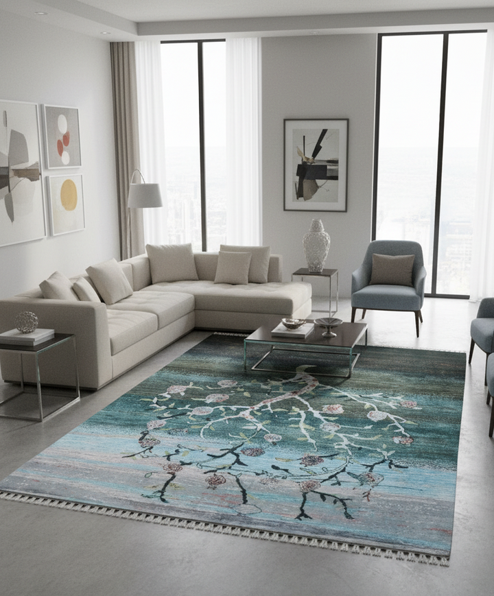 Abstract Sky Blue Handmade Rug 10.5x8.1 ft