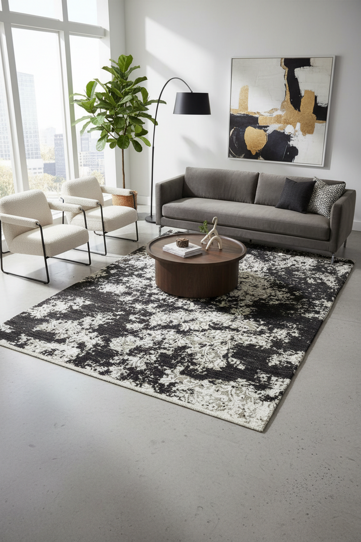 Abstract Charcoal Black Handmade Rug 9.1x6.3 ft