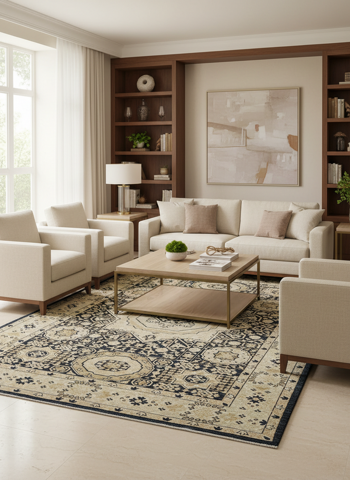 Ivory Beige Handmade Mamluk Rug 6.2x9.3 FT