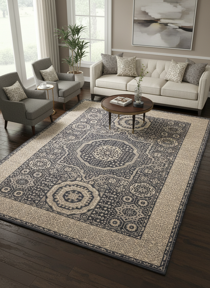 Ivory Grey Handmade Mamluk Rug 7.10x5.9 FT