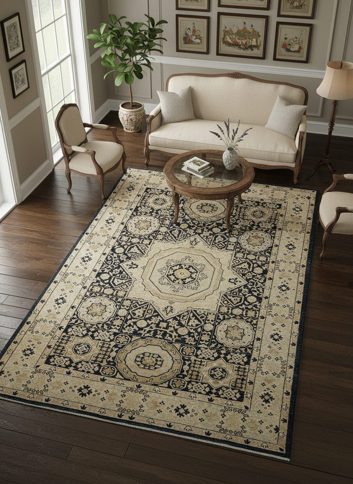 Ivory Beige Handmade Mamluk Rug 6.2x9.3 FT