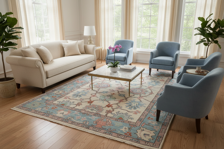 Sky Blue Handmade Oushak Rug 5.2x6.11 FT