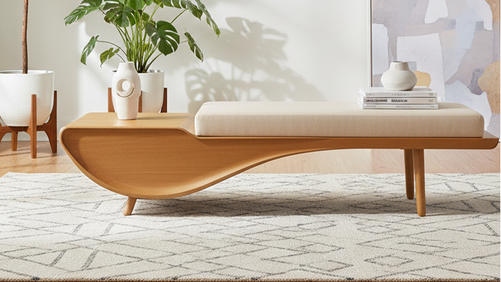 Beige Viscose Fabric Bench with Sheshum Wood Frame - 6 Feet