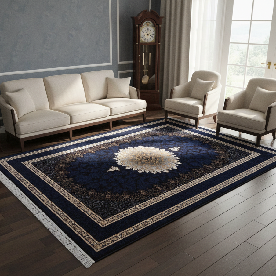 Navy Blue & Gold Persian Rug 7x10 FT