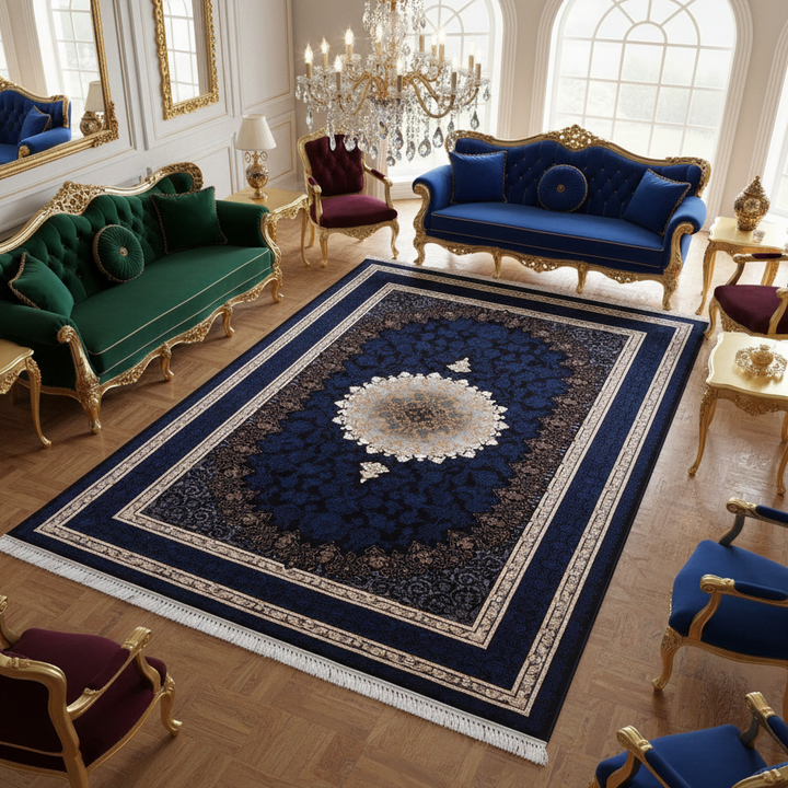 Navy Blue & Gold Persian Rug 7x10 FT